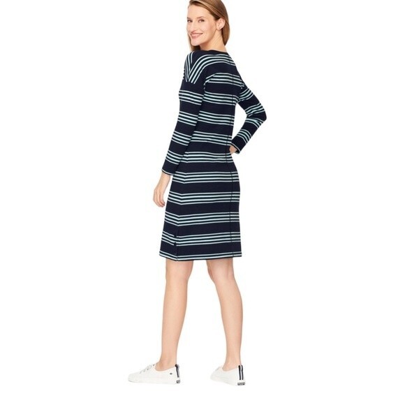 Talbots T by Talbots V-Neck Cotton Modal Stripe Dress Indigo/Gulf Stream Terry - Picture 2 of 16